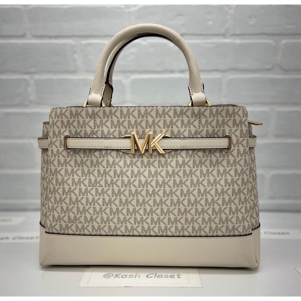 Michael Kors Satchel Reed Large Belted Satchel Purse Light Cream Multi